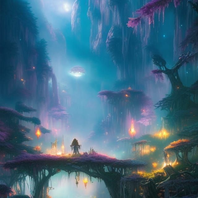 Crystal Cave with Fireflies: A Digital Illustration