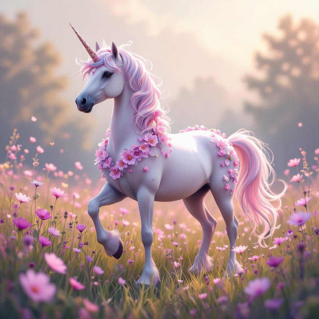 Floral Unicorn in Lush Meadow, Ethereal Style