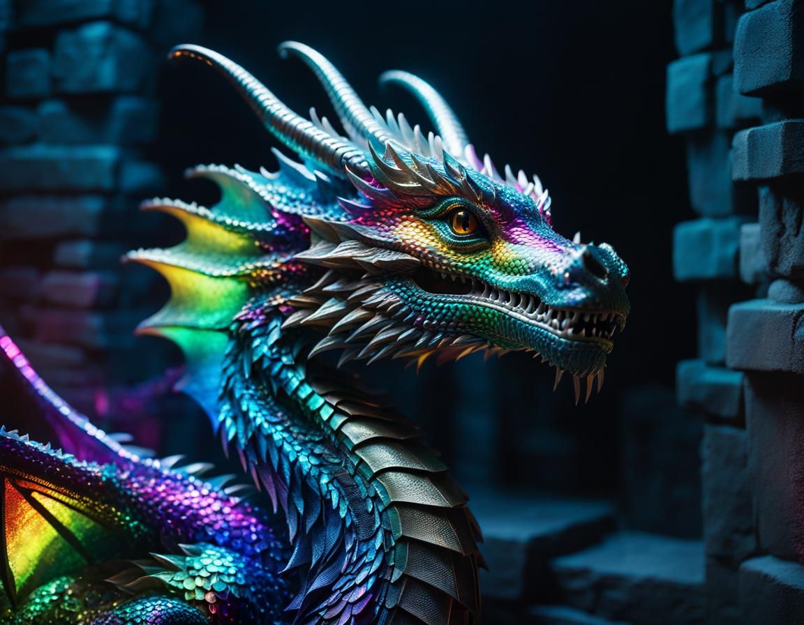 Iridescent Dragon Guarding Dungeon: Hyperrealistic Detailed ...