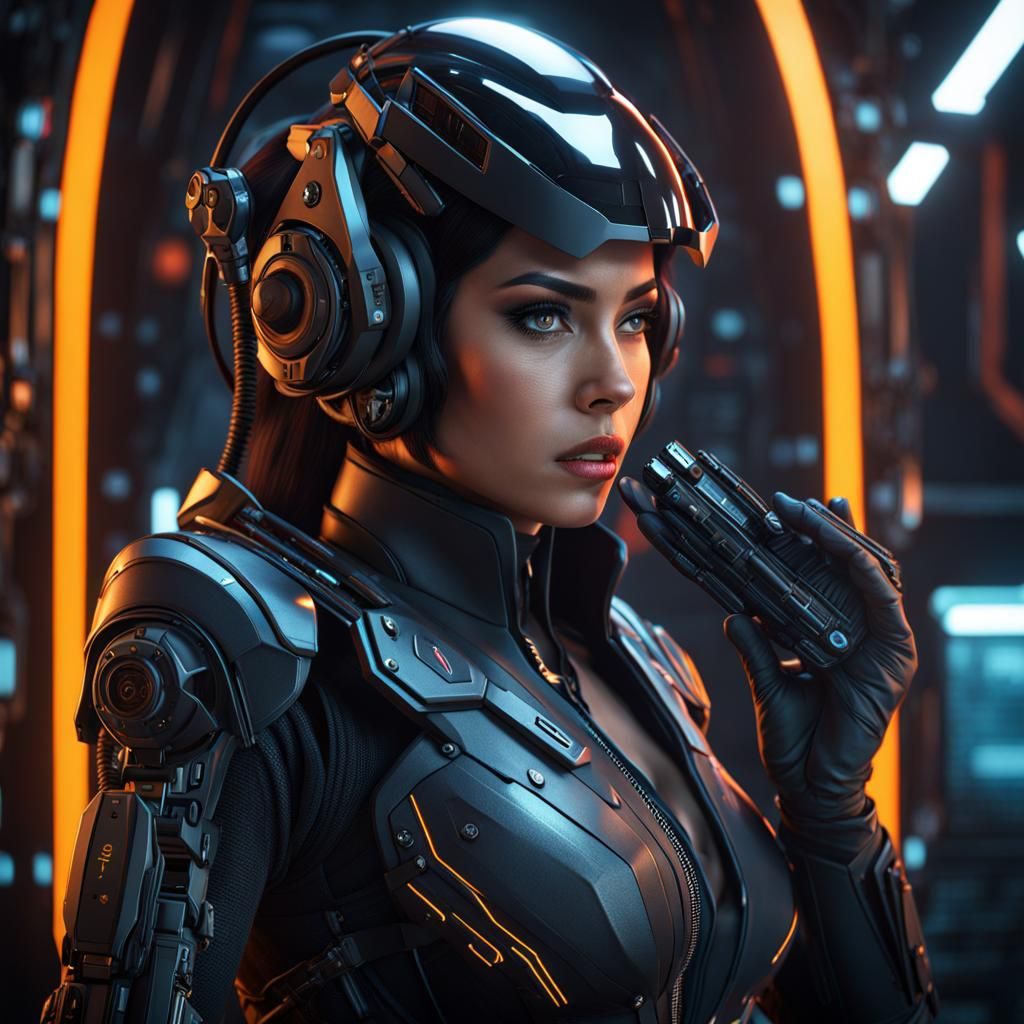 Cybernetic Agent Prepares Gear in Hyper-Realistic Style