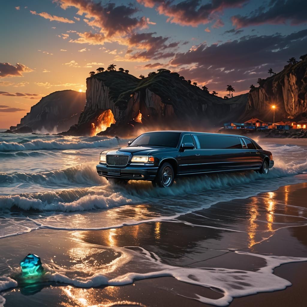 Bioluminescent Waves at Sunset: A Fantasy Landscape