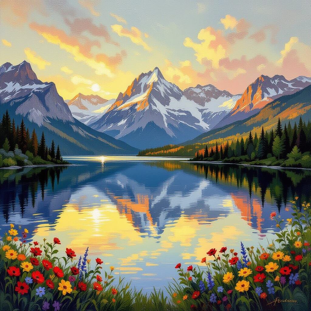 Mountain Lake Reflection in Impressionistic Realism