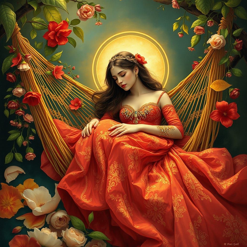 Goddess in a Flower Hammock, Surrounded by Soft Light and De...