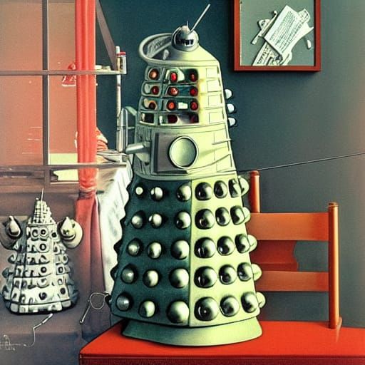 Dalek Knitting in Sewing Room, Watercolor Style