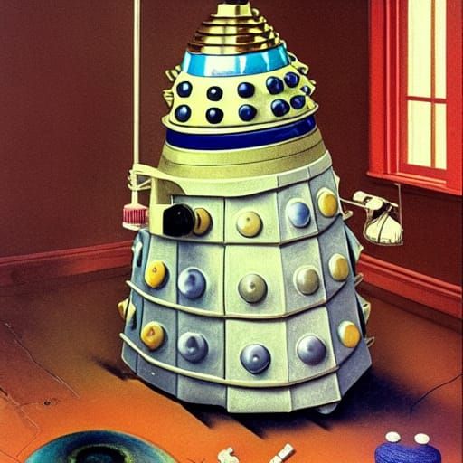 Dalek Knitting in Sewing Room, Watercolor Style
