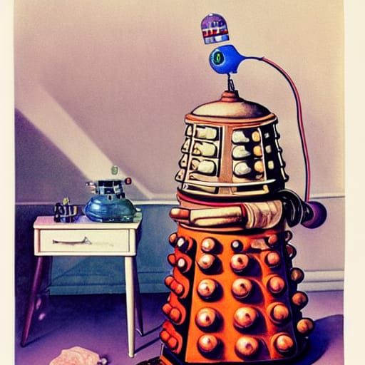Dalek Knitting in Sewing Room, Surreal Watercolor