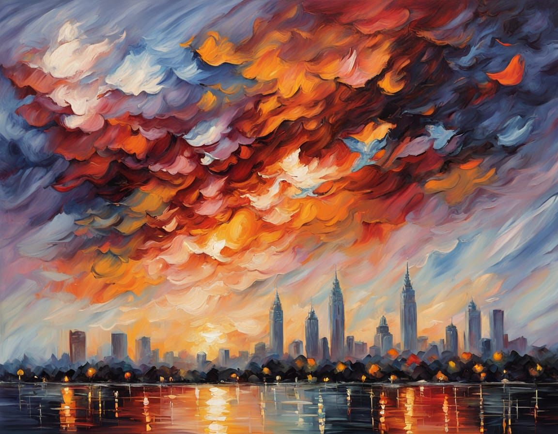 Fiery Sky Over Cityscape: Impasto Painting