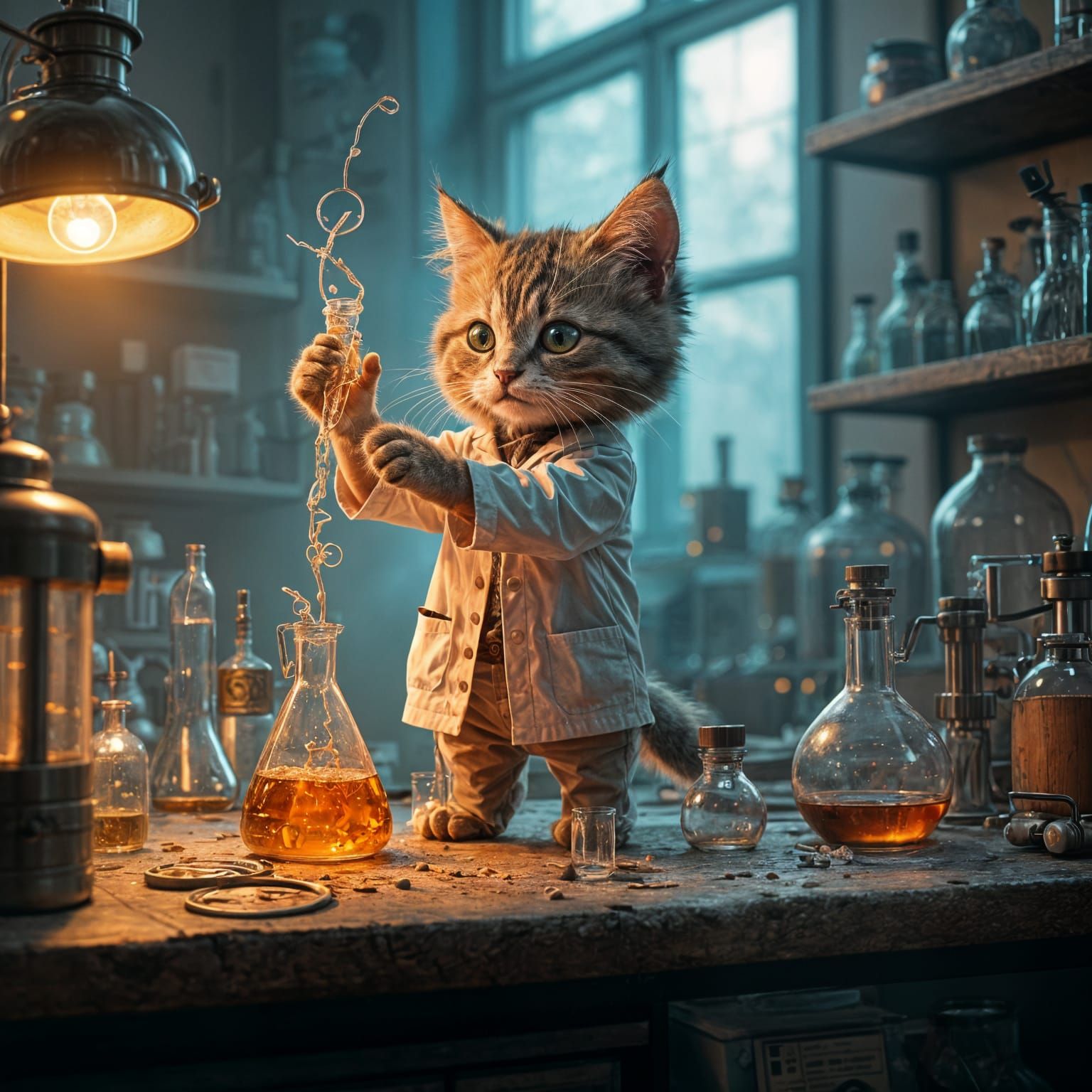 Mad Scientist Kitten in Laboratory Mixing Catnip Concoction