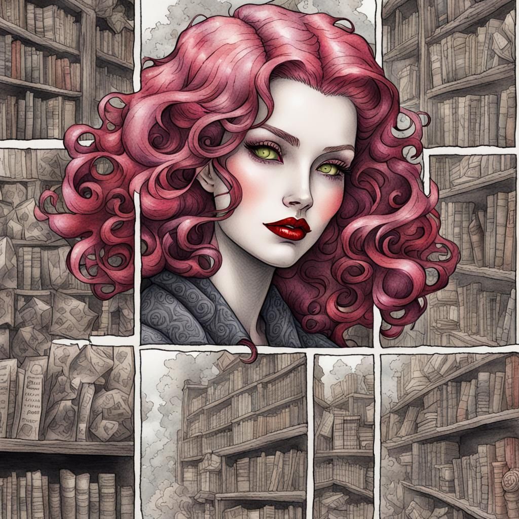 Librarian with Pink Hair in Translucent Comics Style