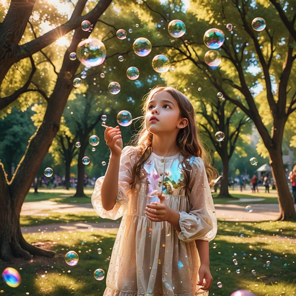 Girl Blowing Bubbles: Whimsical Digital Art