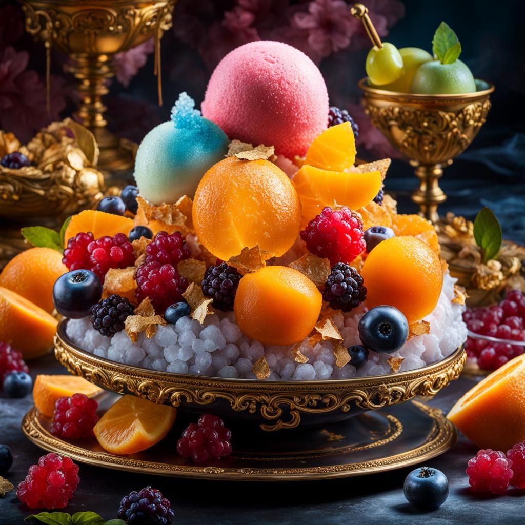 Extravagant Crystallized Fruit Dessert with Ice Cream