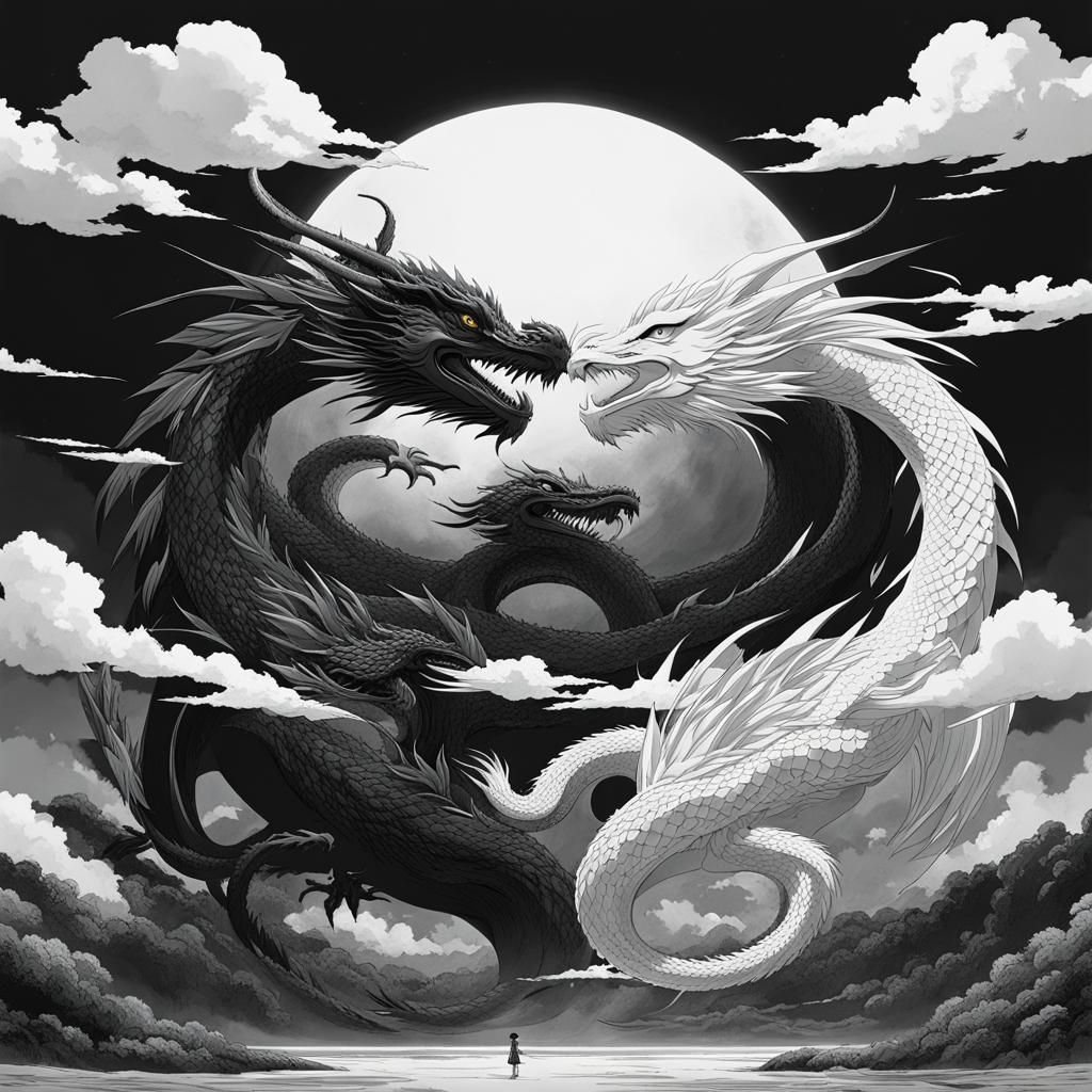 Yin-Yang Dragon and Phoenix in Anime Style