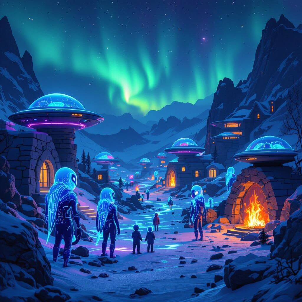 Bioluminescent Aliens on Pluto with Aurora Borealis