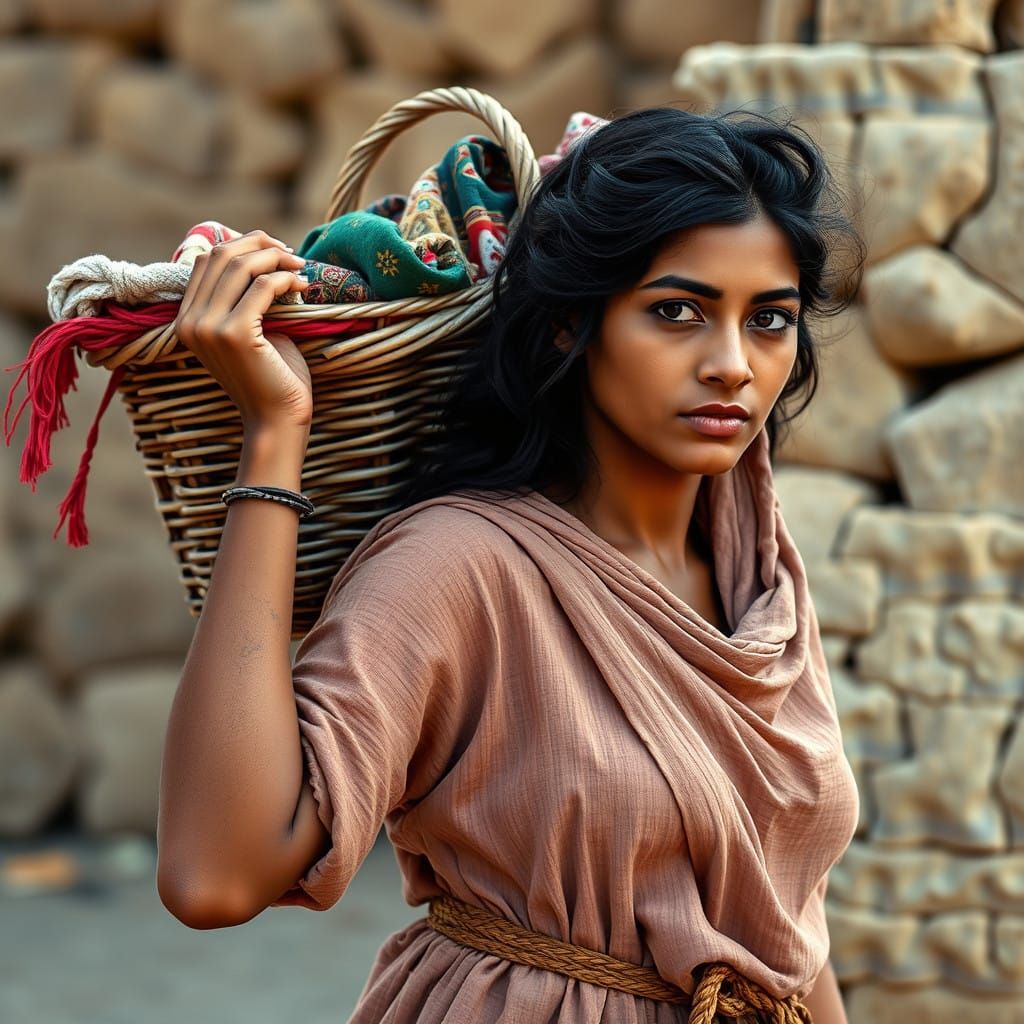 Young Woman Carrying a Vibrant Basket in a Medieval Middle E...