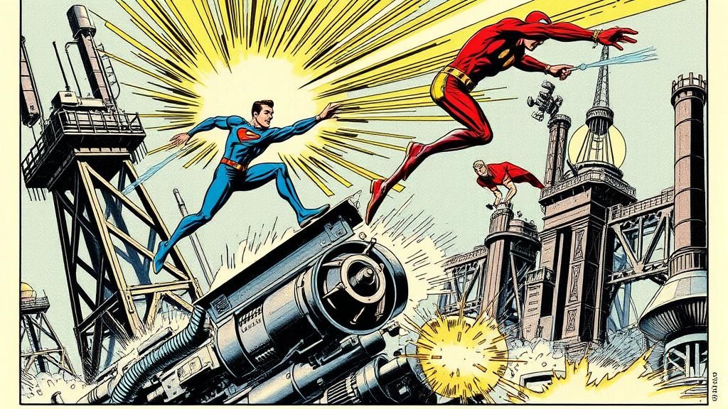 Earthman Dodges Confusion Beam in Retro Comic Style