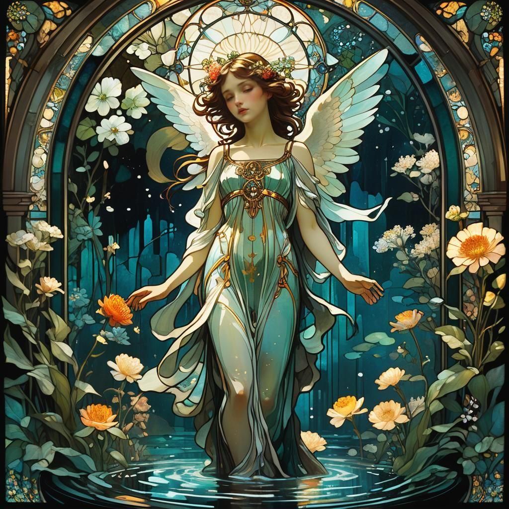 Stained Glass Angel in Enchanted Pool, Art Nouveau Style