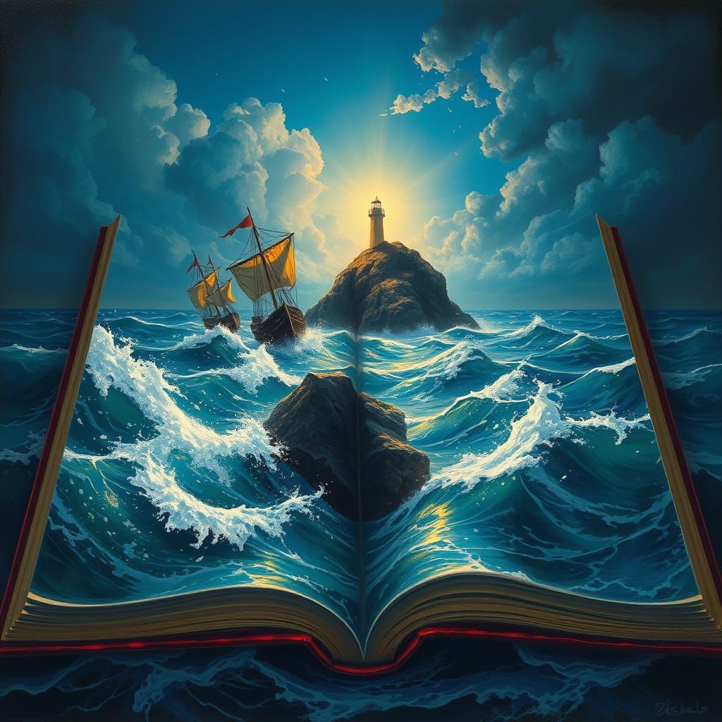 DEDANS UN LIVRE OUVERT une scène fantastique une mer déchaînée coule en cascade éblouissante, important des bateaux anci...