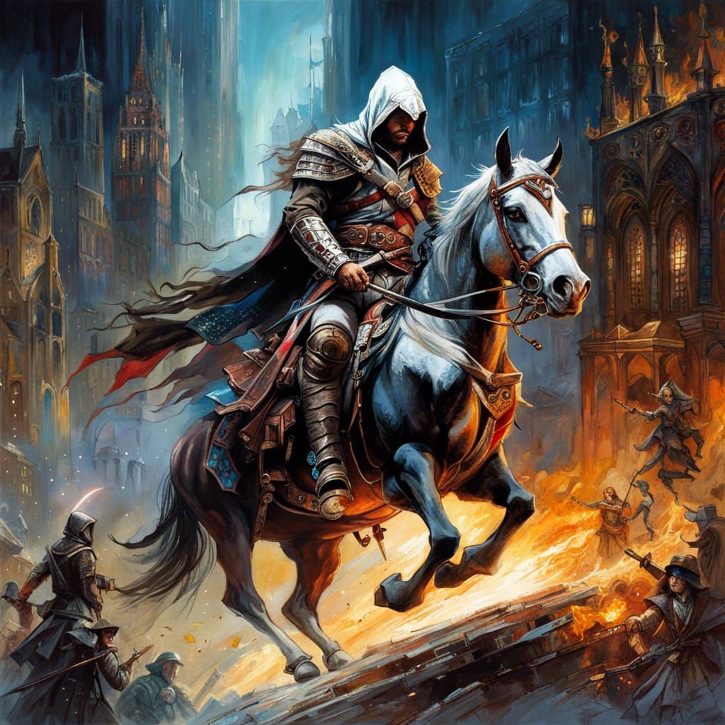 Assassin's Creed Horse Rider in Dark Fantasy Style