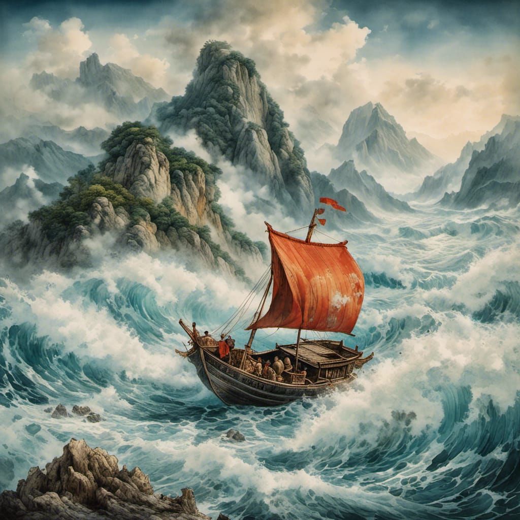 Chinese Painting of Boat on Wavy Sea