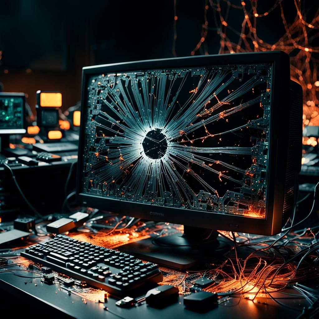 Dramatic Shattered Computer Screen in Film Still
