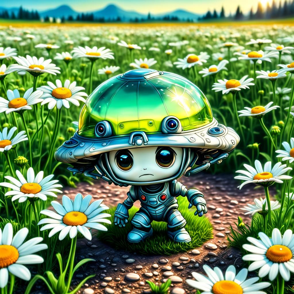 Cute, mini Chibi aliens have landed their UFO in the daisy f...