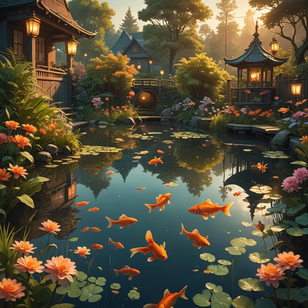 Serene Goldfish Pond at Dusk: Matte Painting