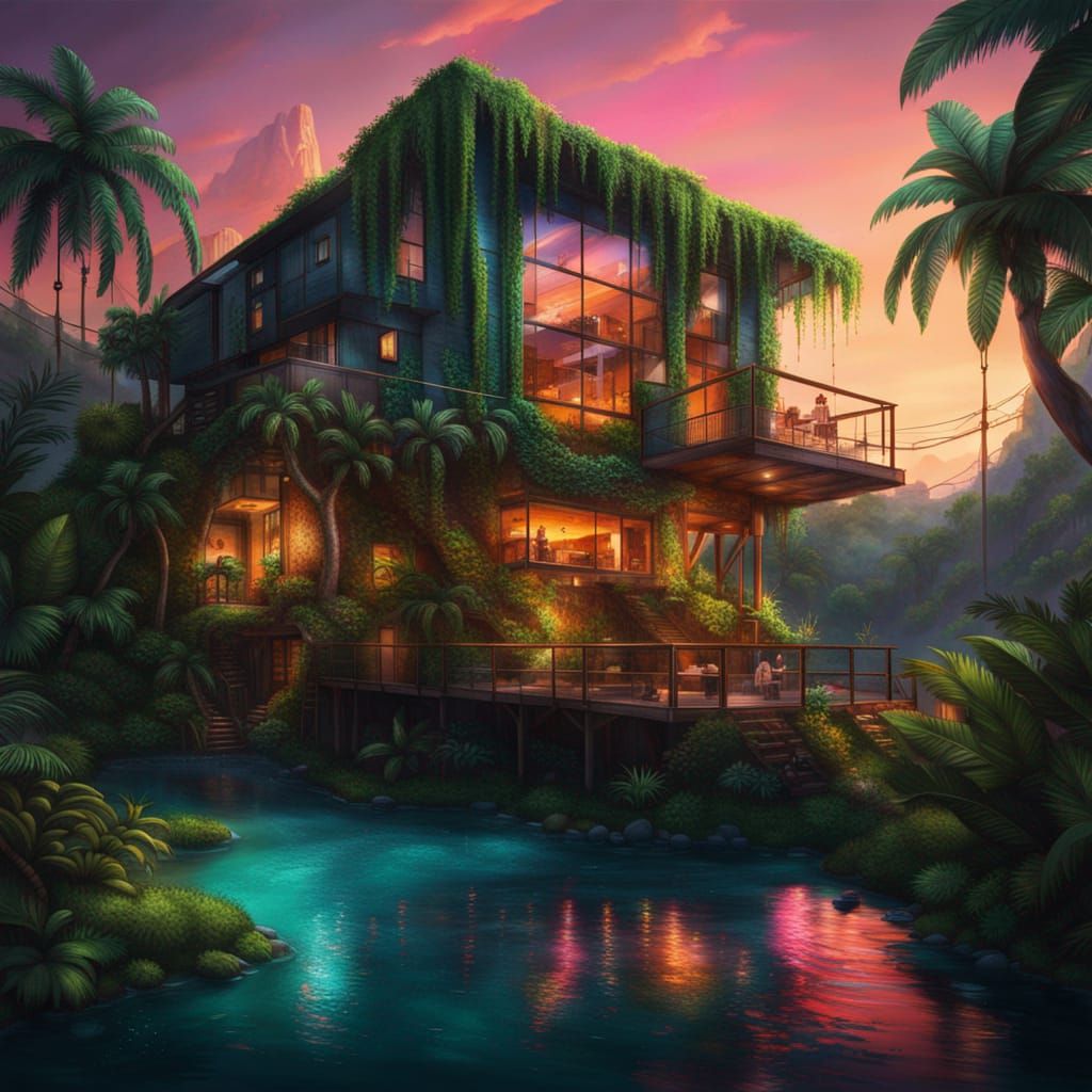 Solarpunk Jungle Cabin at Sunset