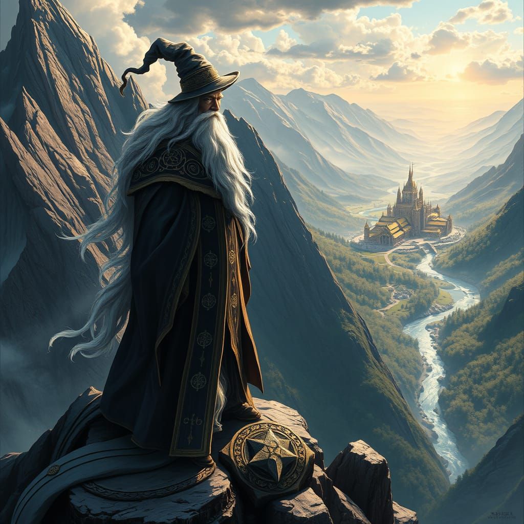 Ethereal Fantasy Wizard Stands at Mountain Peak