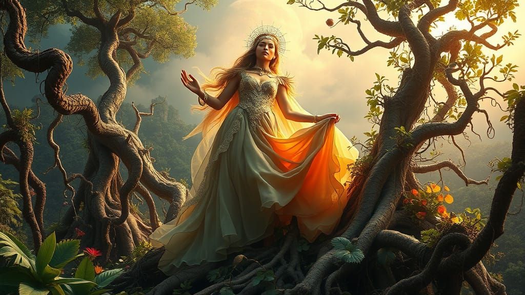 Surrealist Earth Goddess Rises from Vibrant Dreamscape in El...