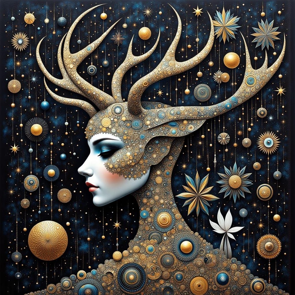 Art Deco Mystical Deer in Surrealist Fractal Landscape