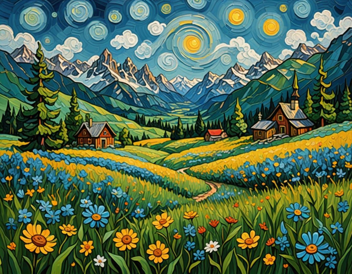 Alpine Meadow in Impasto Style of Van Gogh