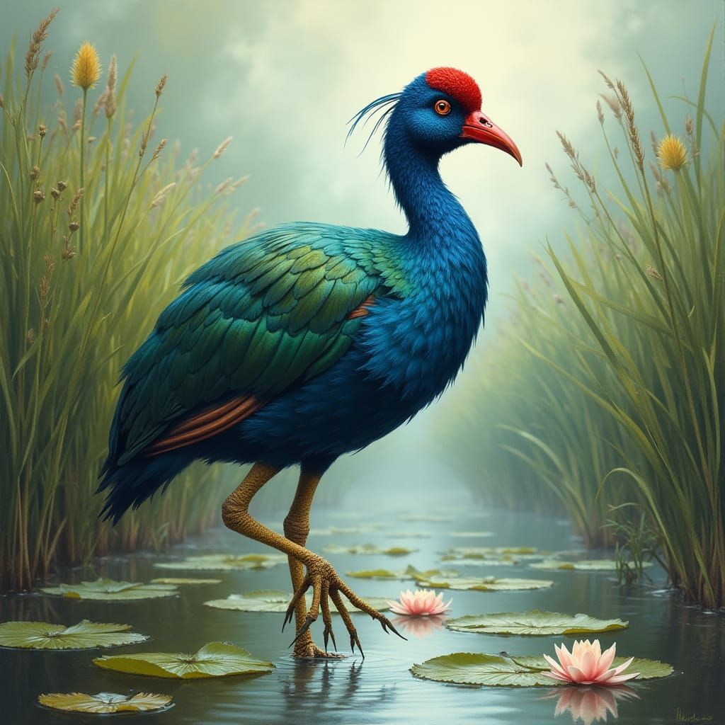 Majestic Iridescent Pukeko in Lush New Zealand Wetland