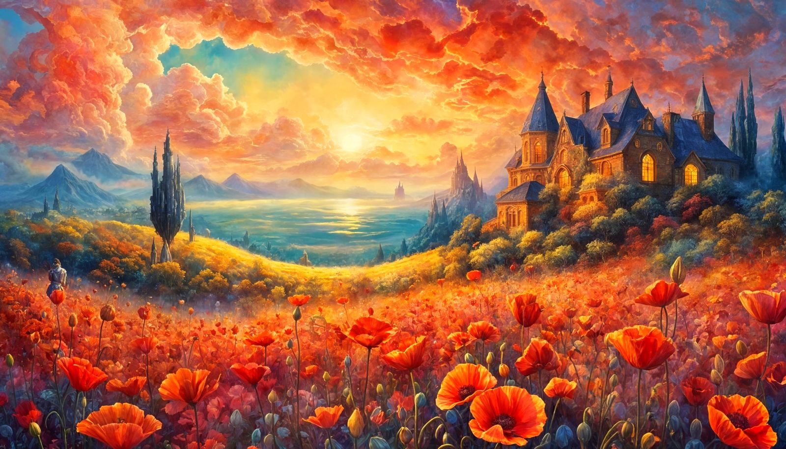 Ethereal Fantasy in Red Poppies Landscape