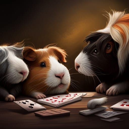 Hyperrealistic Guinea Pigs Playing Cards at Round Table