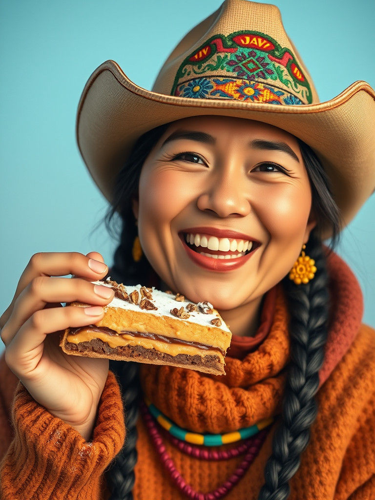 Joyful Inupiat Woman with Cowboy Hat and Dessert