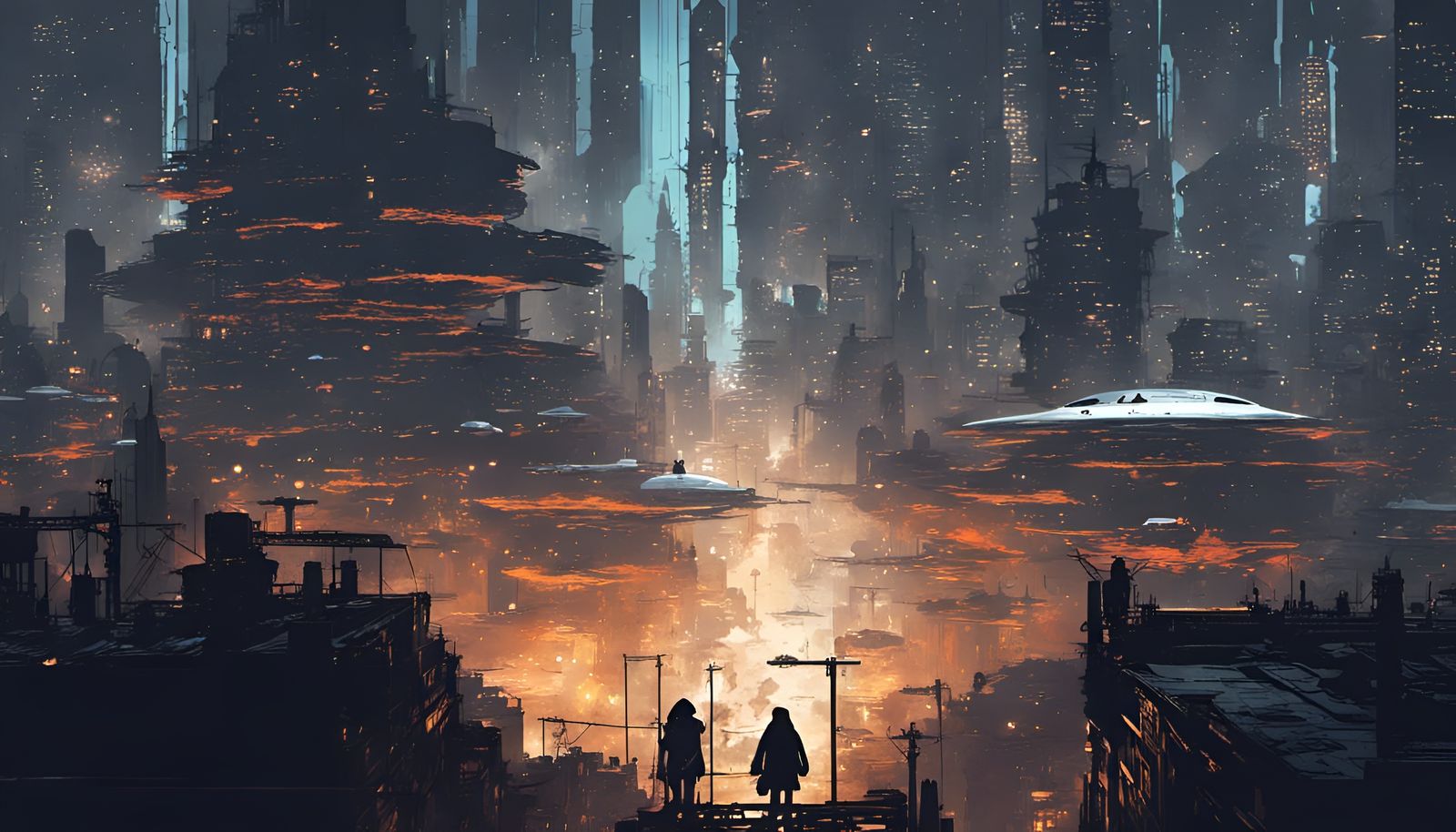 Epic Sci-Fi Spaceship Over Dark Future City