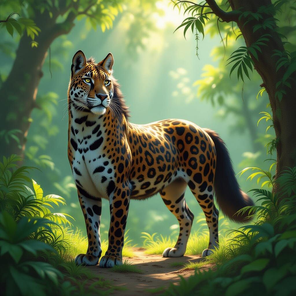 Majestic Jaguar-Horse Chimera in Jungle Clearing
