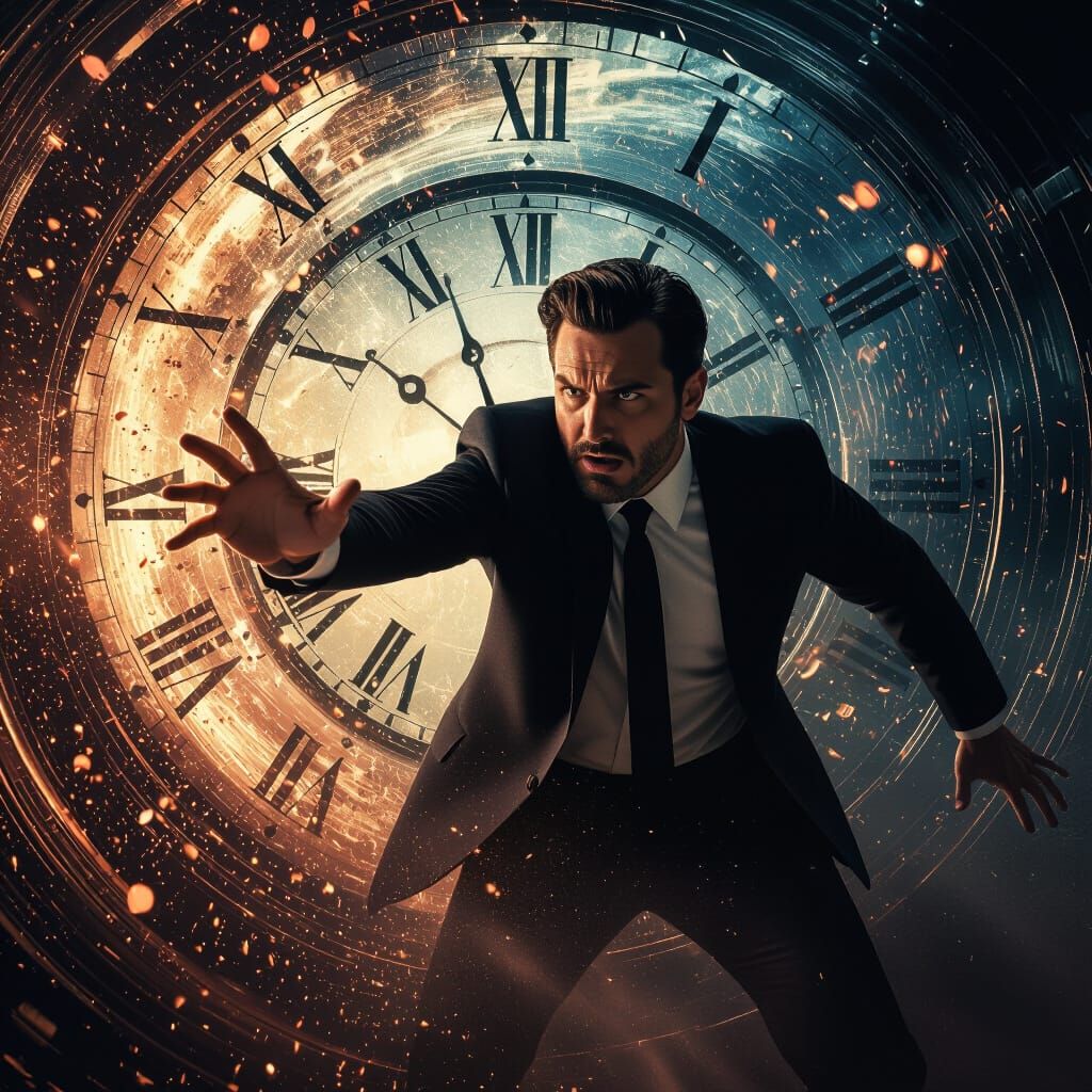 Man Grasping Time in Cosmic Swirls