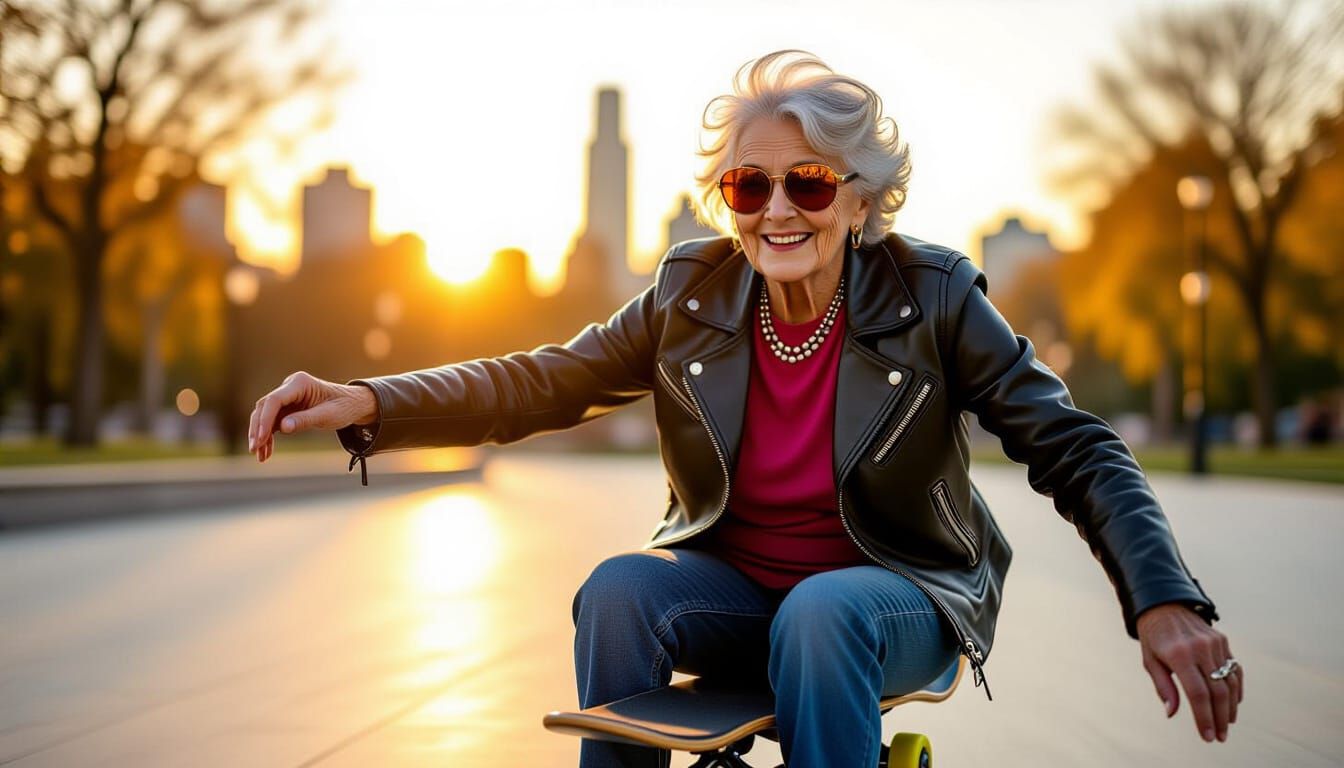 Elderly Woman Skateboarding at Sunset in Hyperrealistic Styl...