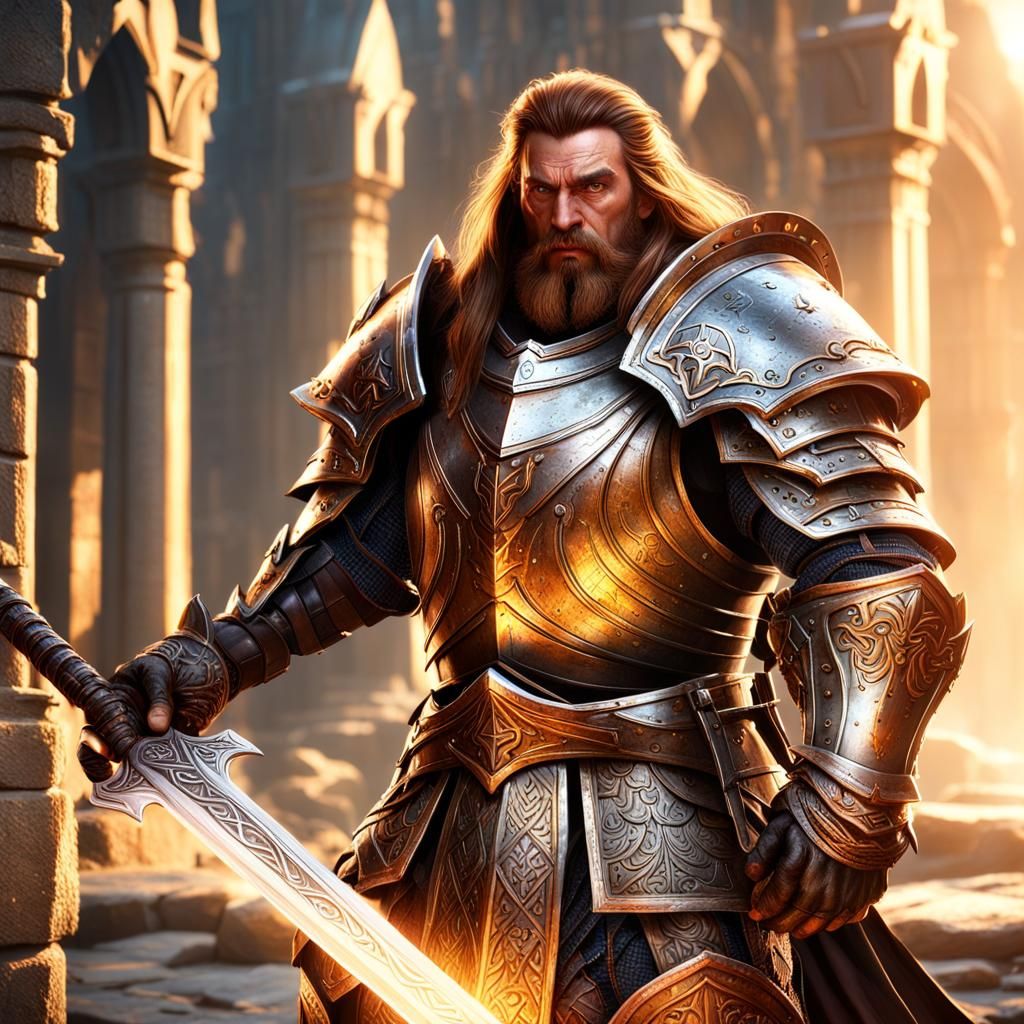 Dwarf Paladin with Radiant Sword, Fantasy Art