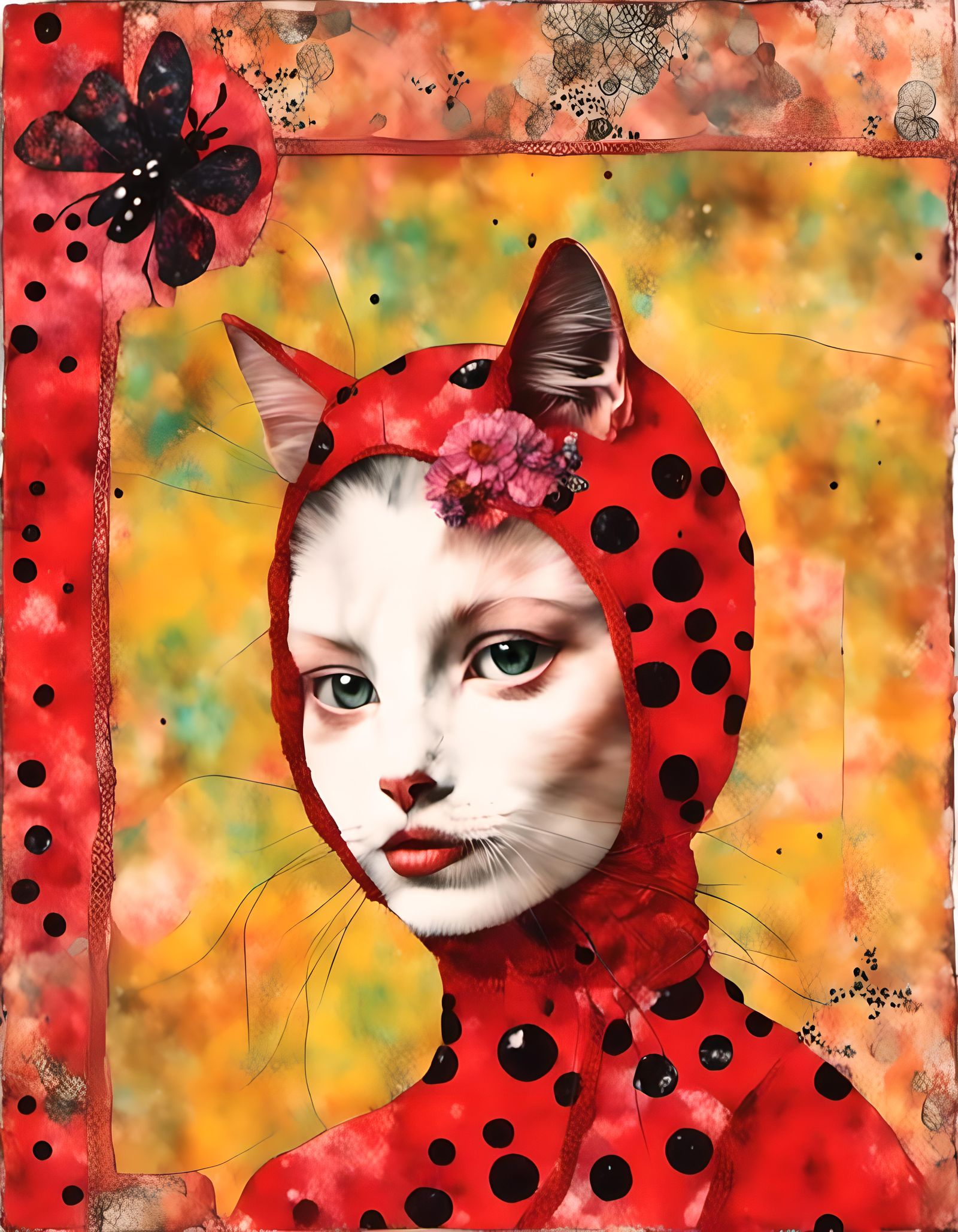 Ladybug Cat Hybrid in Encaustic Collage Style