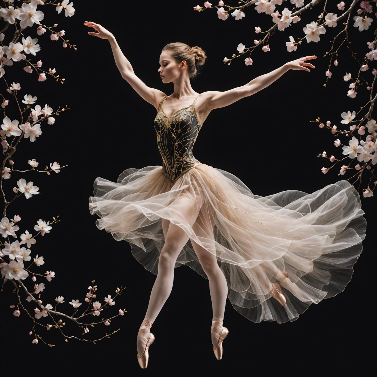 Ethereal Ballerina in Wireframe with Cherry Blossoms