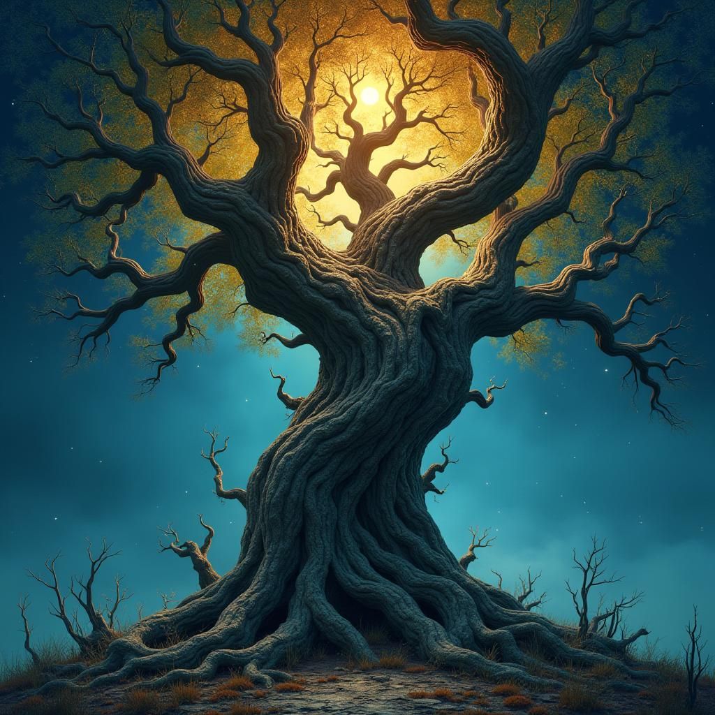 Mystical Tree Carving in Fantasy Matte Painting Style
