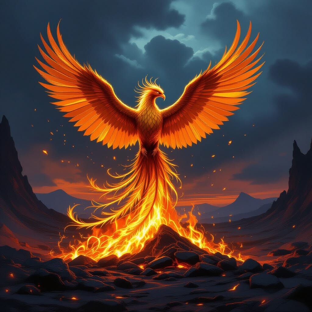 Majestic Phoenix Rises From Embers in Epic Fantasy Style