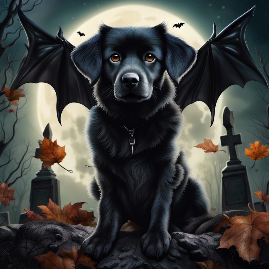 Realistic Black Dog with Bat Wings in Cemetery