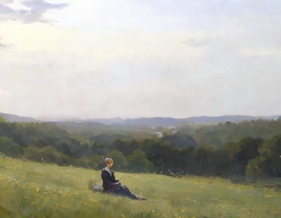 Serene Woman in Lush Meadow, Inspired by Pre-Raphaelite and...