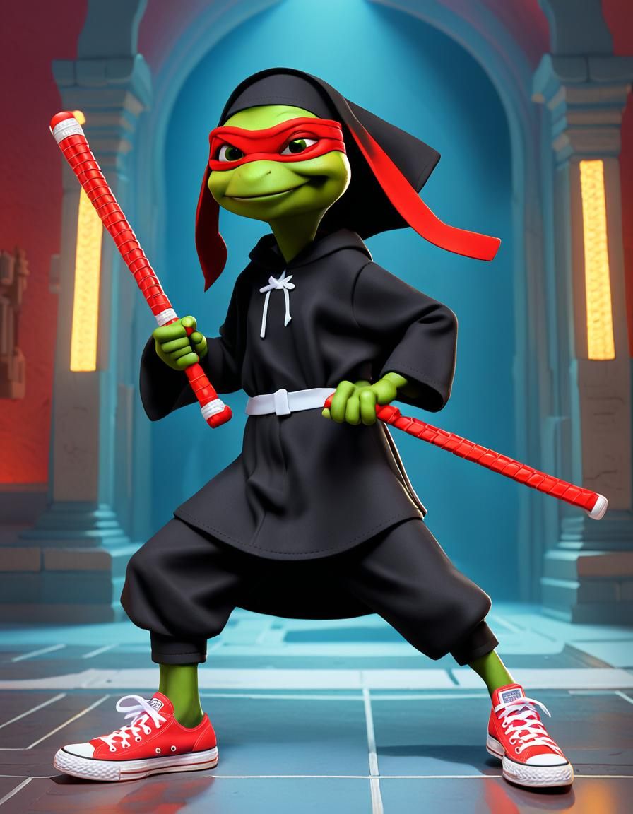 Michelangelo as Nun with Nunchucks, 3D Digital Art