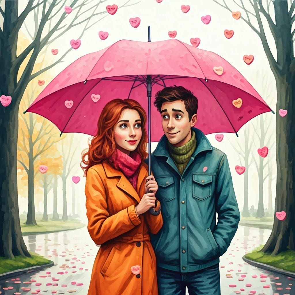 Whimsical Watercolor of Love in a Rainy Park