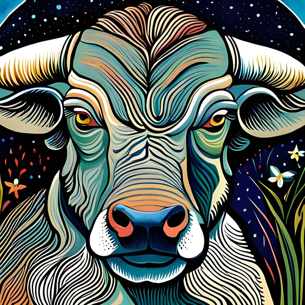 Black Water Buffalo Portrait in Gauguin Style