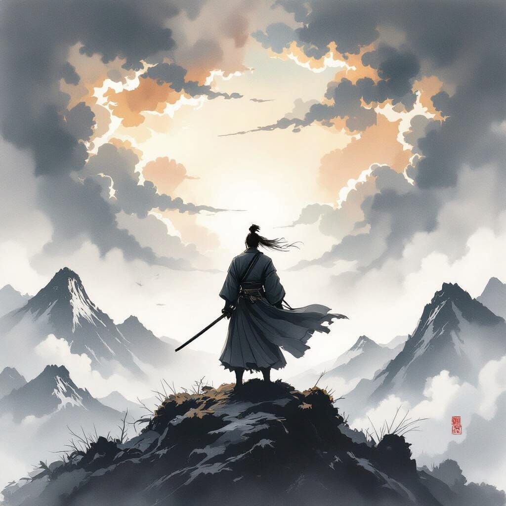 Lone Samurai on Windswept Mountain Peak